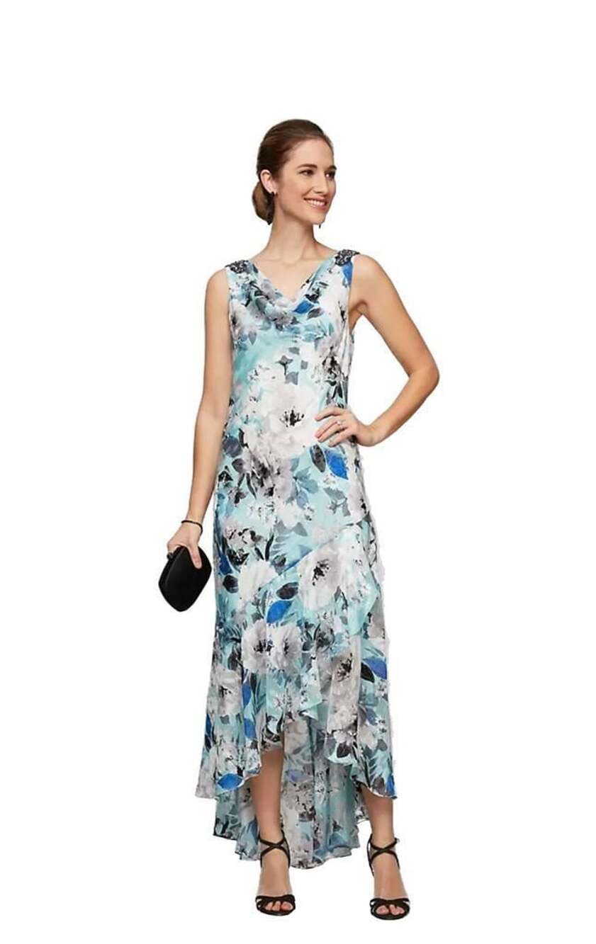 Alex Evenings Floral Cowl Neck Beaded Shoulder Gown Dress Size 16 Fairy